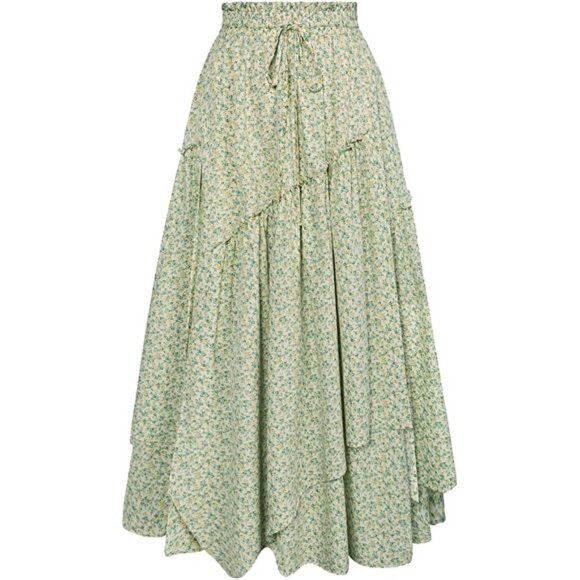 Women Floral Print Boho Skirt Elastic High Waist Green - Picture 1 of 5